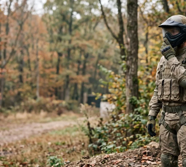 Joueur de paintball ajustant son masque sur un terrain extérieur, illustrant le problème de la buée sur l'écran de protection