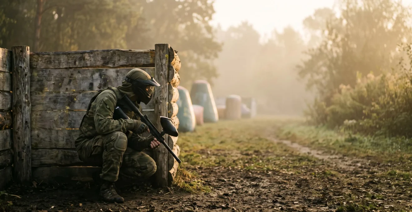 Joueur de paintball accroupi derrière un abri, illustrant les tactiques de survie en mode elimination