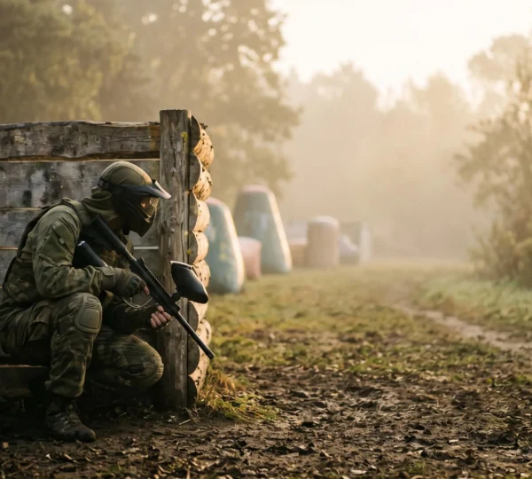 Joueur de paintball accroupi derrière un abri, illustrant les tactiques de survie en mode elimination