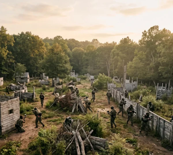 Vue aérienne d'un terrain de paintball avec un nombre équilibré de joueurs répartis stratégiquement entre les obstacles