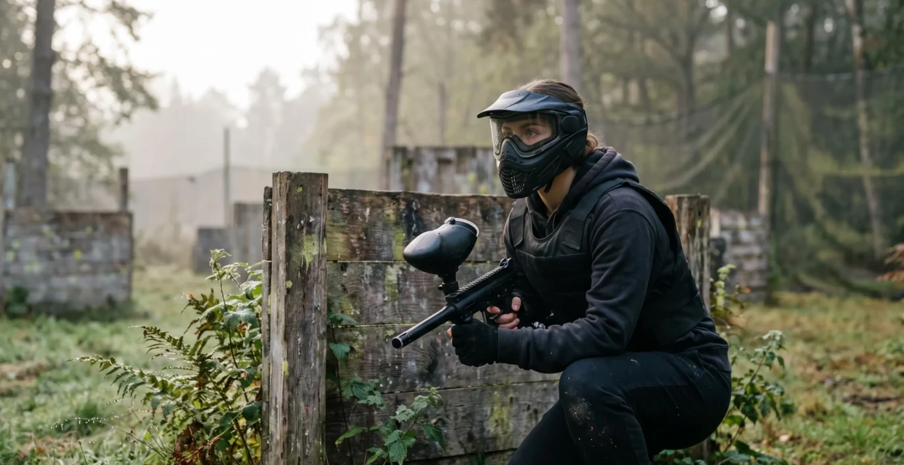 Joueur débutant de paintball accroupi derrière un obstacle en forêt, prêt à s'élancer dans sa première partie