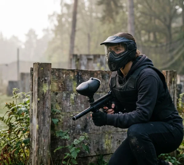 Joueur débutant de paintball accroupi derrière un obstacle en forêt, prêt à s'élancer dans sa première partie
