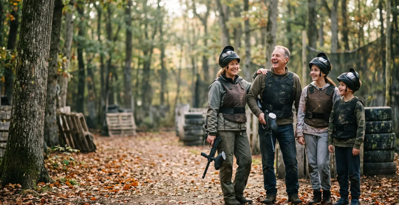 Groupe multigénérationnel souriant, enfants et adultes, équipé pour une partie de paintball en extérieur