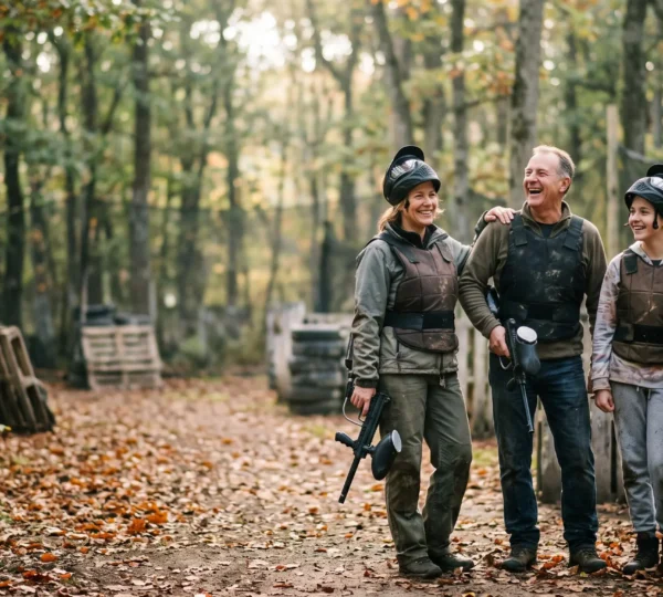 Groupe multigénérationnel souriant, enfants et adultes, équipé pour une partie de paintball en extérieur
