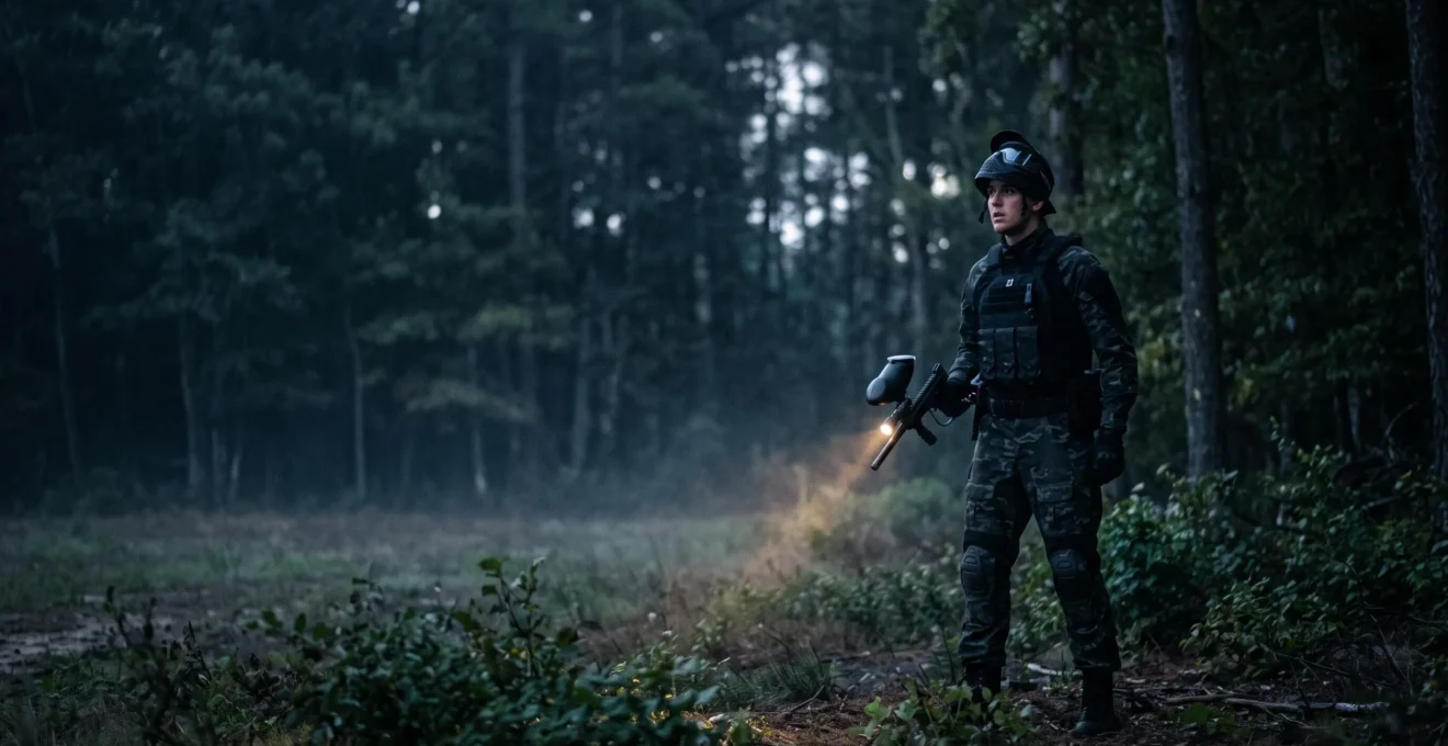 Joueur de paintball equipe s'orientant dans l'obscurite d'une foret grace a une lampe tactique