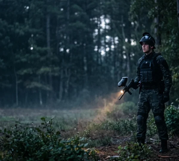 Joueur de paintball equipe s'orientant dans l'obscurite d'une foret grace a une lampe tactique
