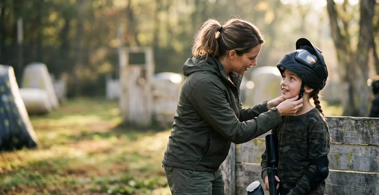 Parent aidant son enfant à ajuster son masque de protection avant une séance de paintball encadrée