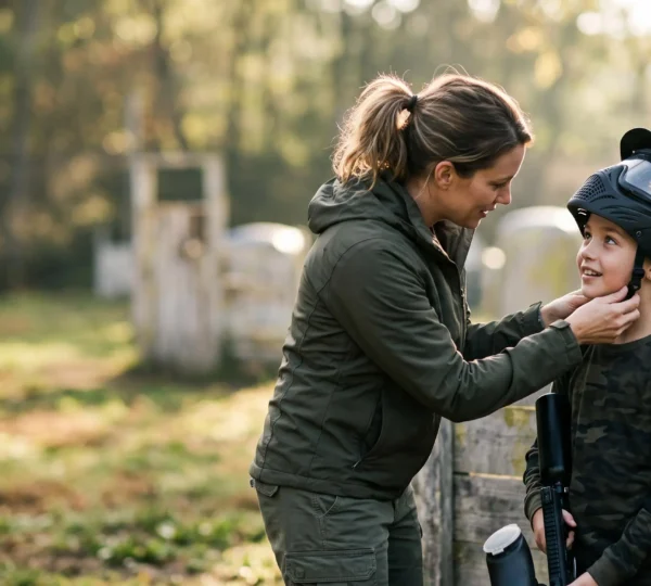 Parent aidant son enfant à ajuster son masque de protection avant une séance de paintball encadrée
