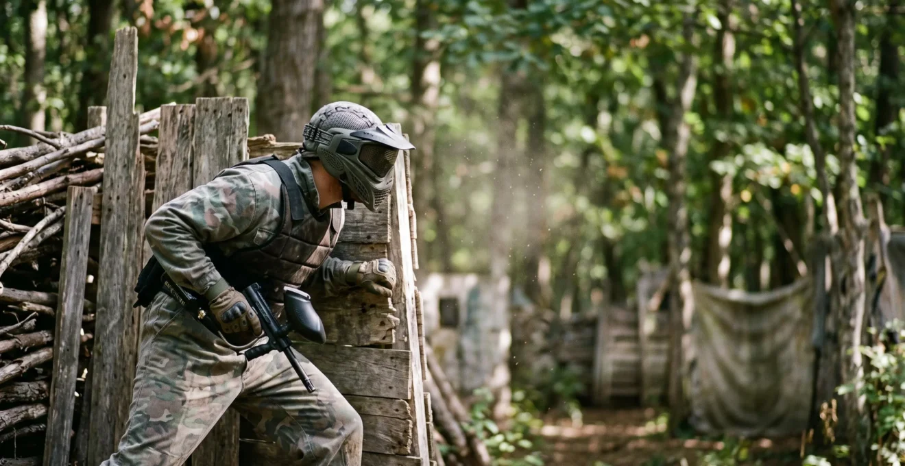 Joueur de paintball dégainant un pistolet compact en position basse lors d'un duel rapproché sur un terrain boisé