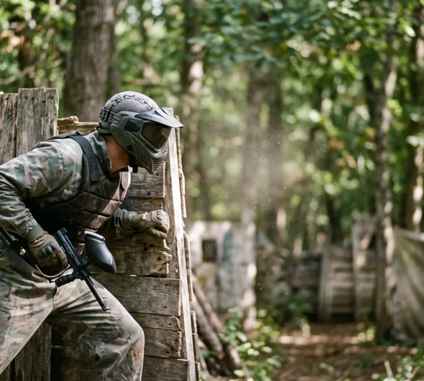 Joueur de paintball dégainant un pistolet compact en position basse lors d'un duel rapproché sur un terrain boisé