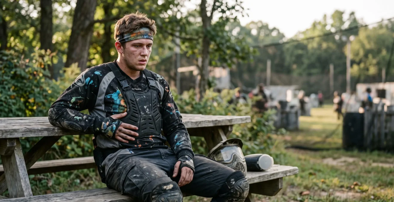 Joueur de paintball debutant assis au bord du terrain, tenant sa poitrine marquee par les impacts, plastron de protection visible sur son equipement
