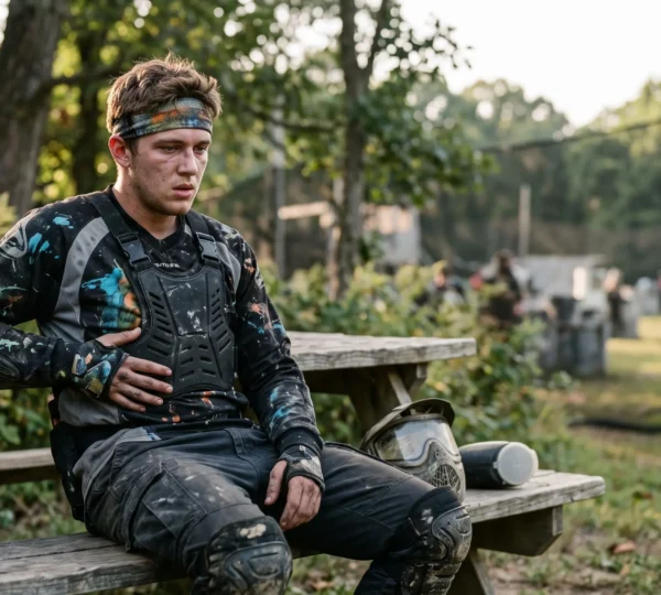 Joueur de paintball debutant assis au bord du terrain, tenant sa poitrine marquee par les impacts, plastron de protection visible sur son equipement