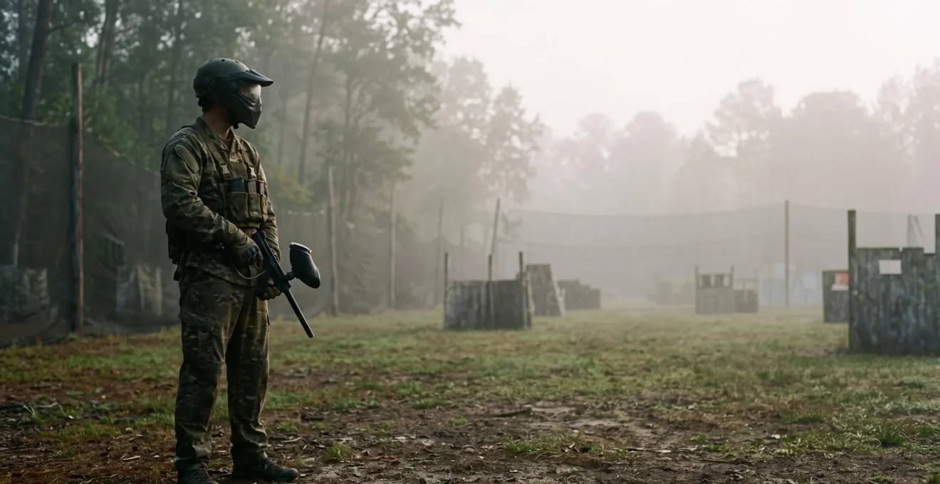 Joueur de paintball équipé face à un terrain boisé au petit matin, symbolisant la préparation avant une réservation