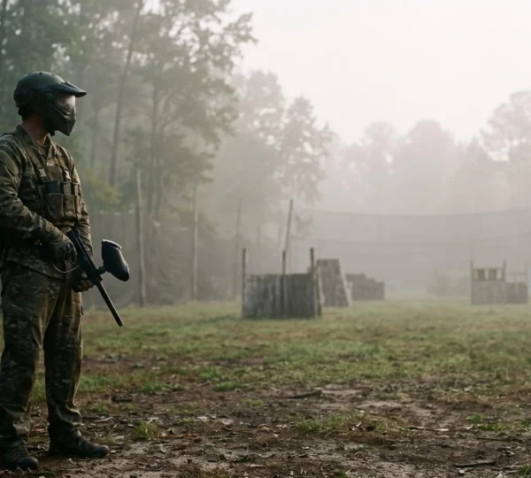 Joueur de paintball équipé face à un terrain boisé au petit matin, symbolisant la préparation avant une réservation