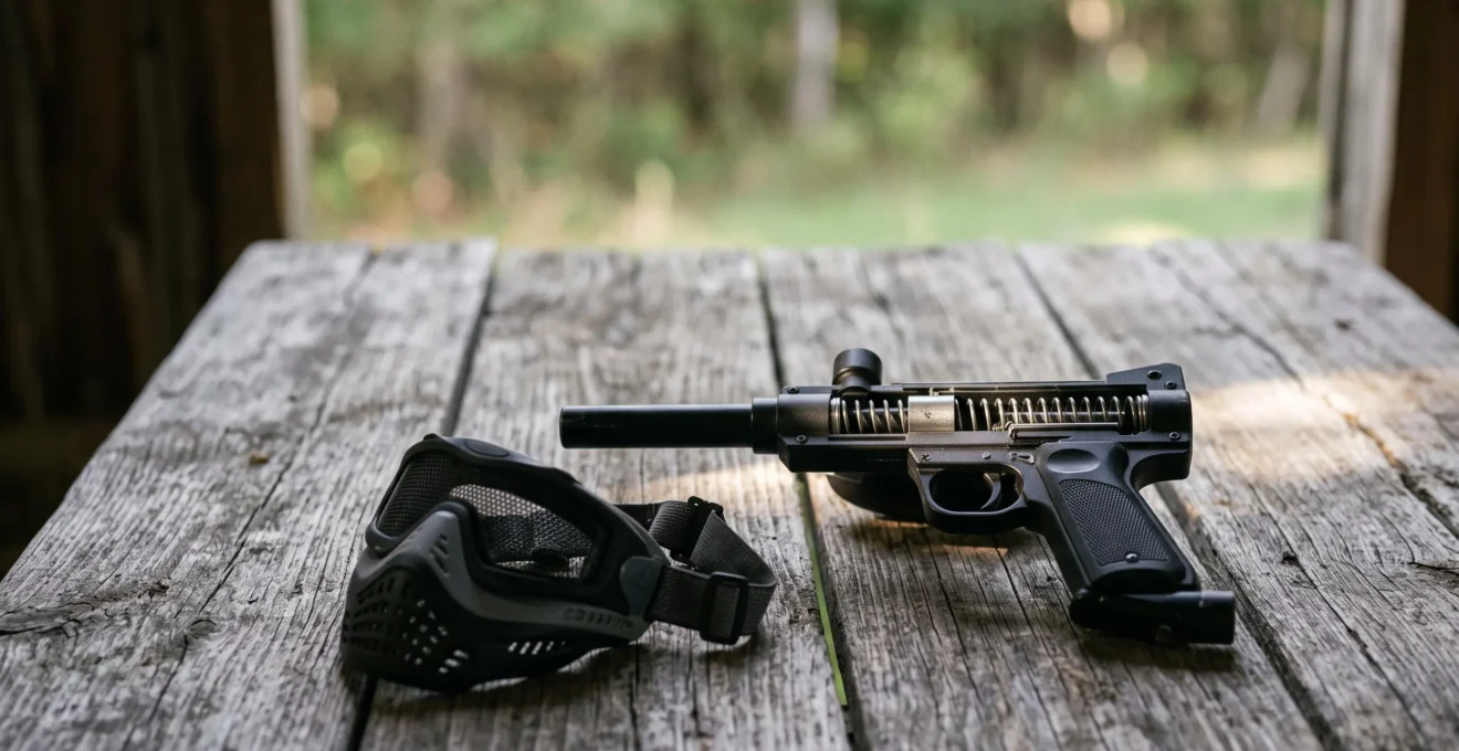 Lanceur de paintball a ressort pose aupres d'un masque de protection pour enfant, symbole de securite et d'initiation en douceur