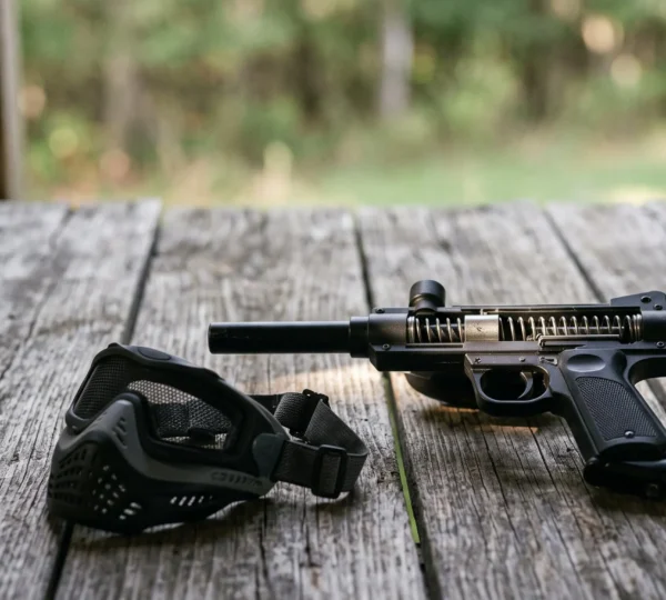 Lanceur de paintball a ressort pose aupres d'un masque de protection pour enfant, symbole de securite et d'initiation en douceur