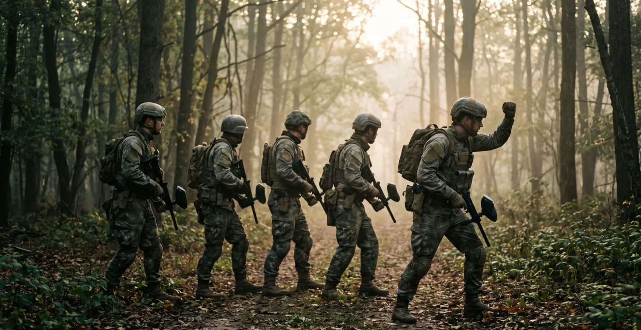 Equipe de joueurs de paintball en tenue tactique avancant prudemment dans une clairiere boisee, dans une ambiance digne d'un film d'action
