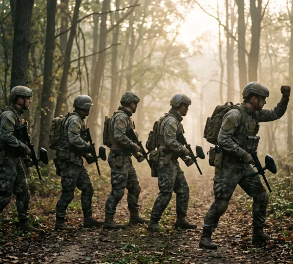 Equipe de joueurs de paintball en tenue tactique avancant prudemment dans une clairiere boisee, dans une ambiance digne d'un film d'action