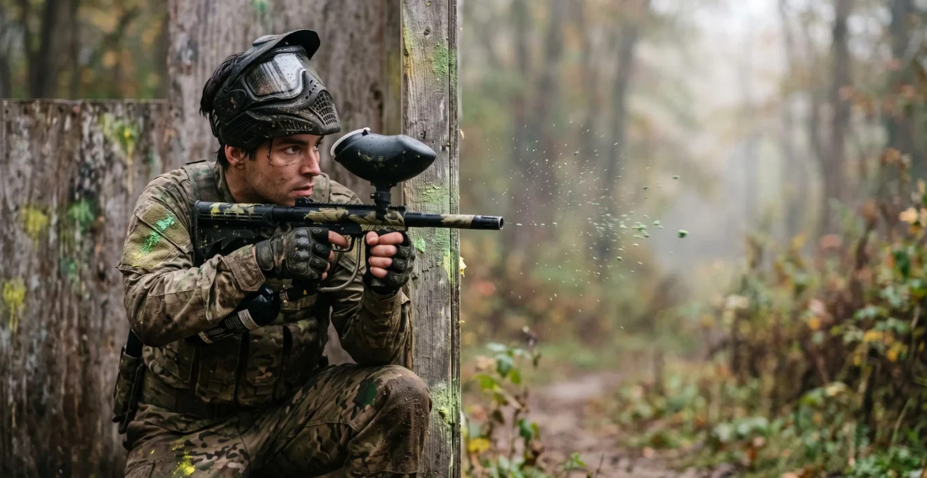 Joueur de paintball concentré et tendu derrière un bunker, incarnant l'adrénaline maîtrisée en pleine partie