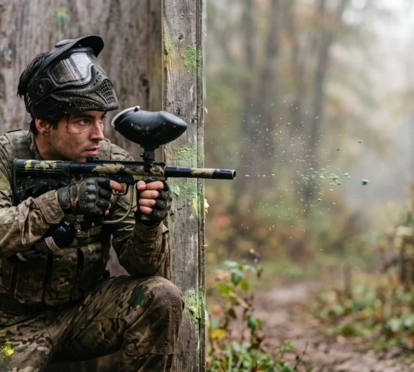 Joueur de paintball concentré et tendu derrière un bunker, incarnant l'adrénaline maîtrisée en pleine partie
