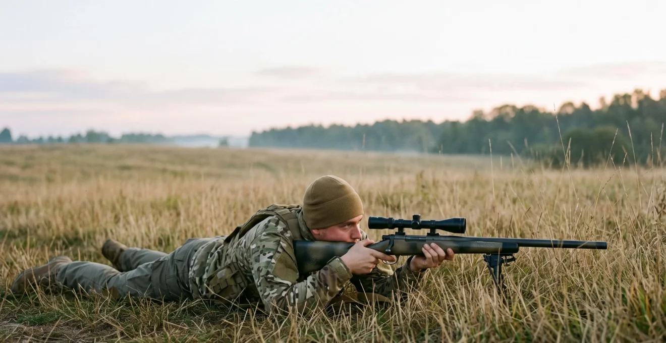 Tireur d'élite airsoft en position couchée dans les hautes herbes, visant à travers une lunette de précision vers un horizon dégagé