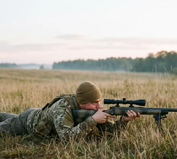 Tireur d'élite airsoft en position couchée dans les hautes herbes, visant à travers une lunette de précision vers un horizon dégagé