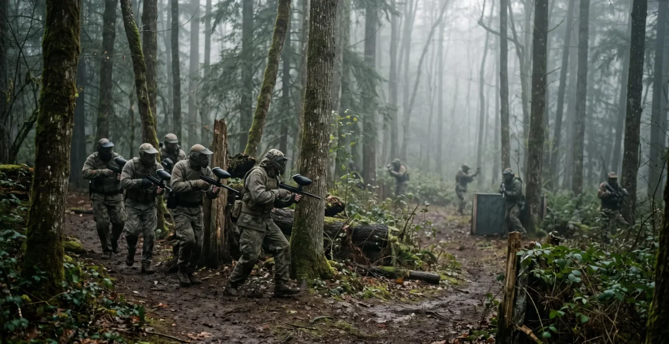 Illustration symbolique d'une equipe de paintball coordonnee affrontant des joueurs isoles sur un terrain boise