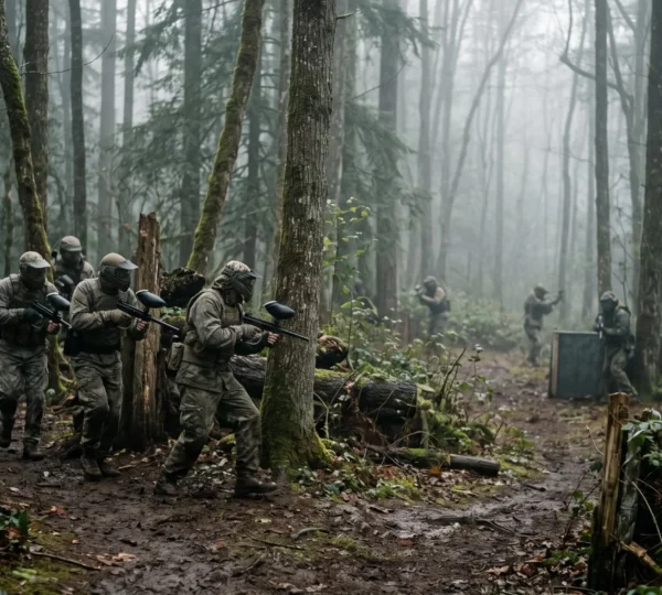 Illustration symbolique d'une equipe de paintball coordonnee affrontant des joueurs isoles sur un terrain boise