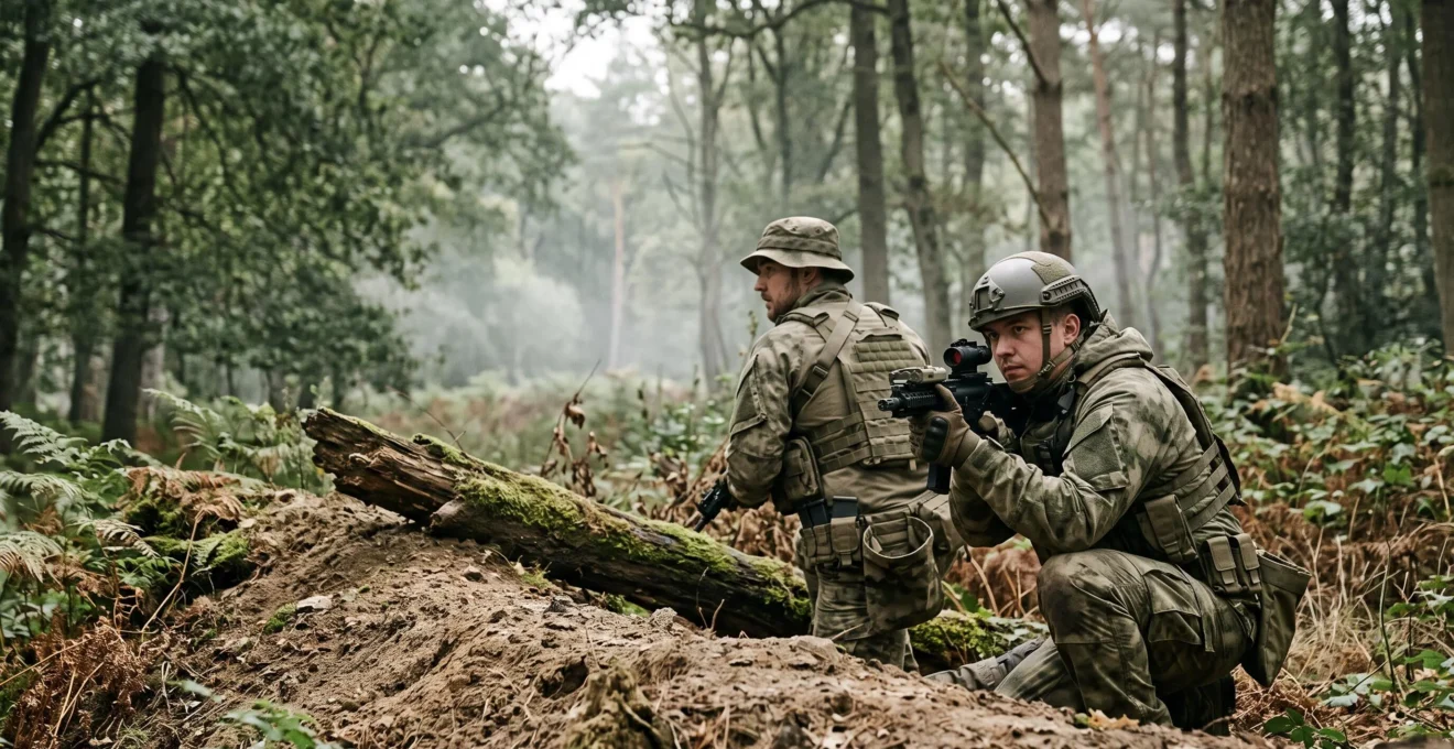 Deux joueurs d'airsoft en tenue tactique progressant prudemment derriere une couverture en foret, illustrant les bases tactiques du debutant
