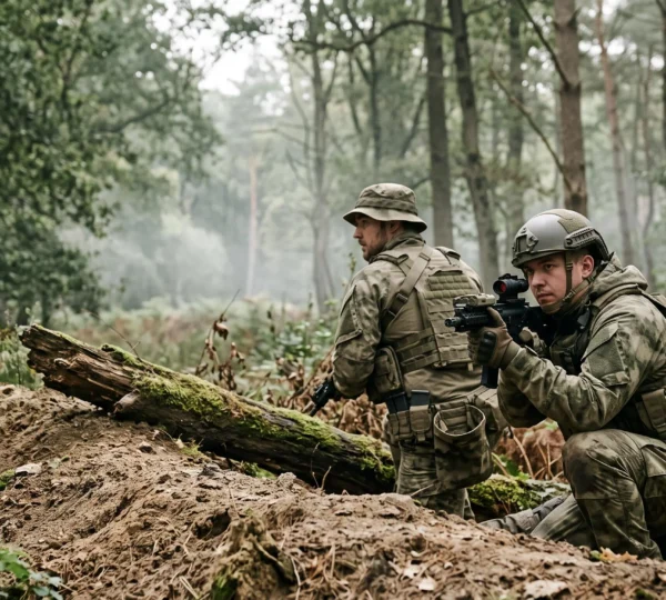 Deux joueurs d'airsoft en tenue tactique progressant prudemment derriere une couverture en foret, illustrant les bases tactiques du debutant