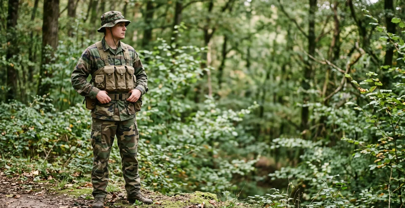 Tenue d'airsoft complete d'inspiration militaire avec treillis, gilet tactique et couvre-chef pose dans une clairiere forestiere