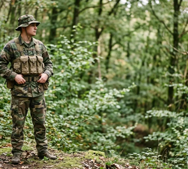 Tenue d'airsoft complete d'inspiration militaire avec treillis, gilet tactique et couvre-chef pose dans une clairiere forestiere